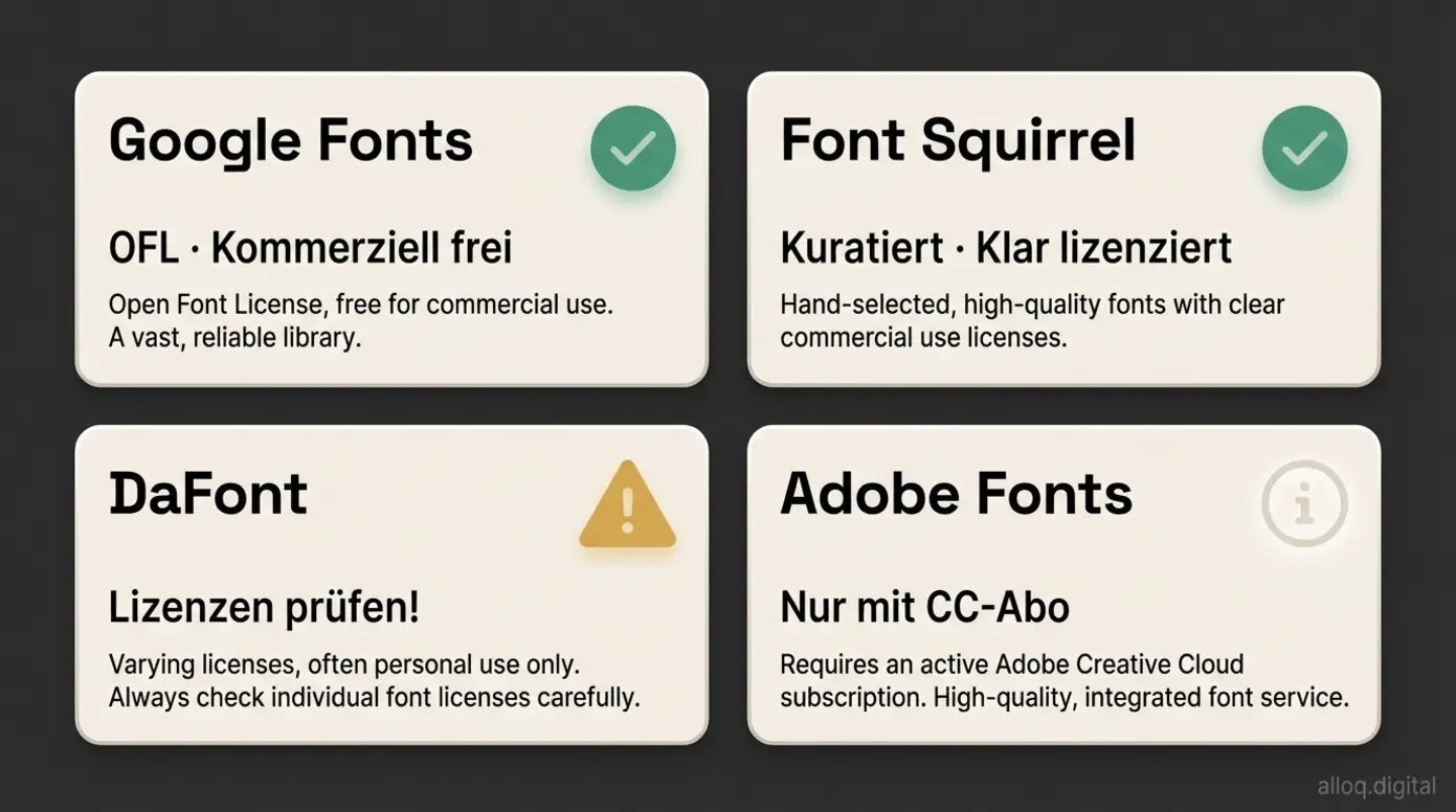 Vergleich der vier Font-Quellen: Google Fonts, Font Squirrel, DaFont und Adobe Fonts mit Lizenzhinweisen