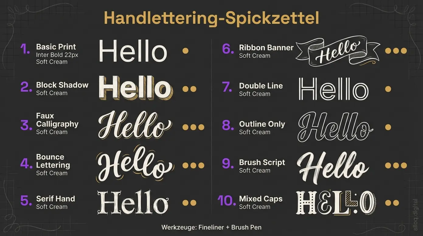 Handlettering-Spickzettel mit zehn einfachen Schriftvarianten zum Nachzeichnen und Schwierigkeitsgrad