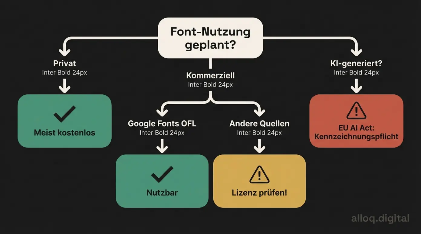 Entscheidungs-Flowchart zur Font-Lizenzierung: Privat, kommerziell und KI-generiert mit EU AI Act Hinweis