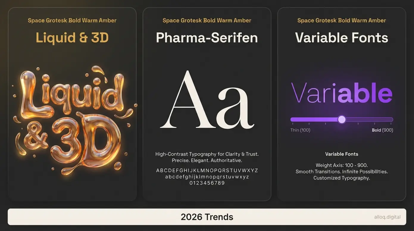 Drei-Spalten-Übersicht der Schrift-Trends 2026: Liquid 3D, Pharma-Serifen und Variable Fonts
