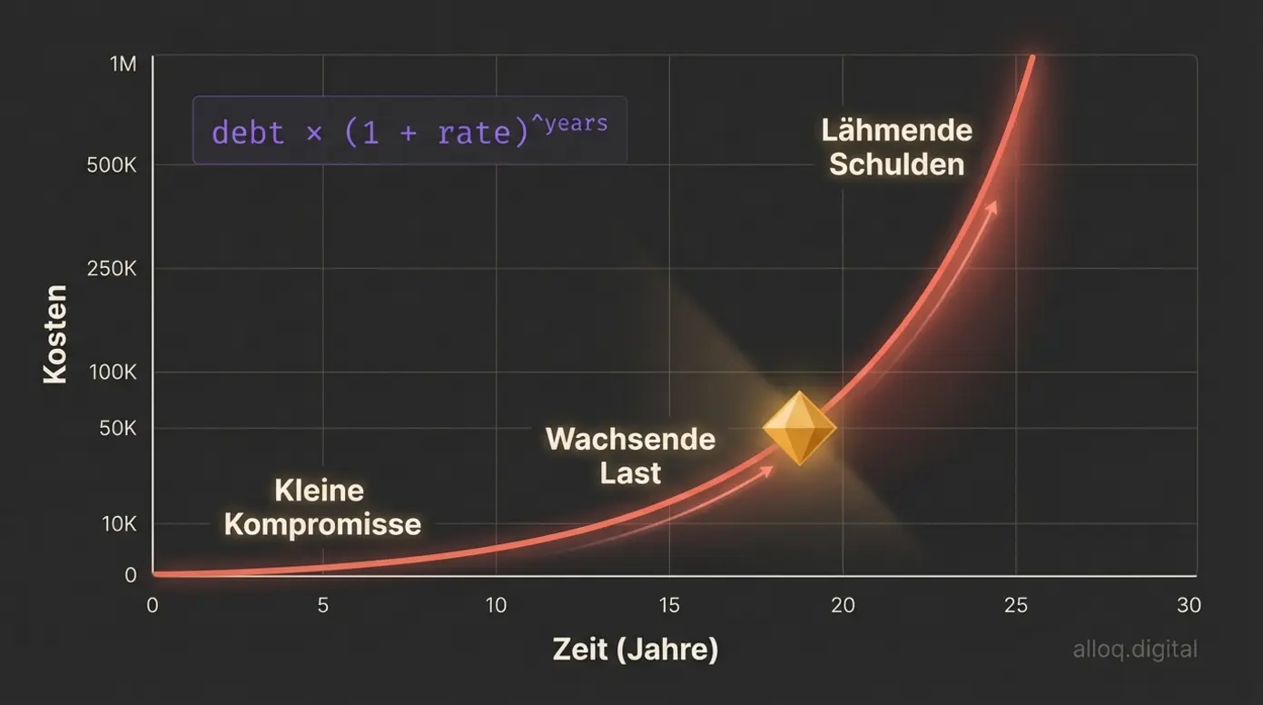 Exponentialkurve zeigt den Zinseszins-Effekt technischer Schulden über die Zeit
