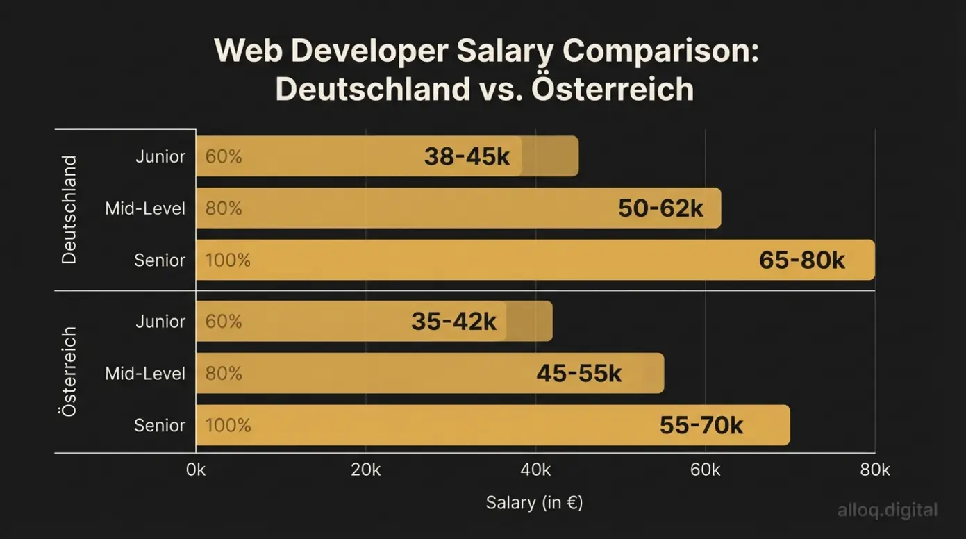 Gehaltsvergleich für Web Developer in Deutschland und Österreich nach Erfahrungsstufe