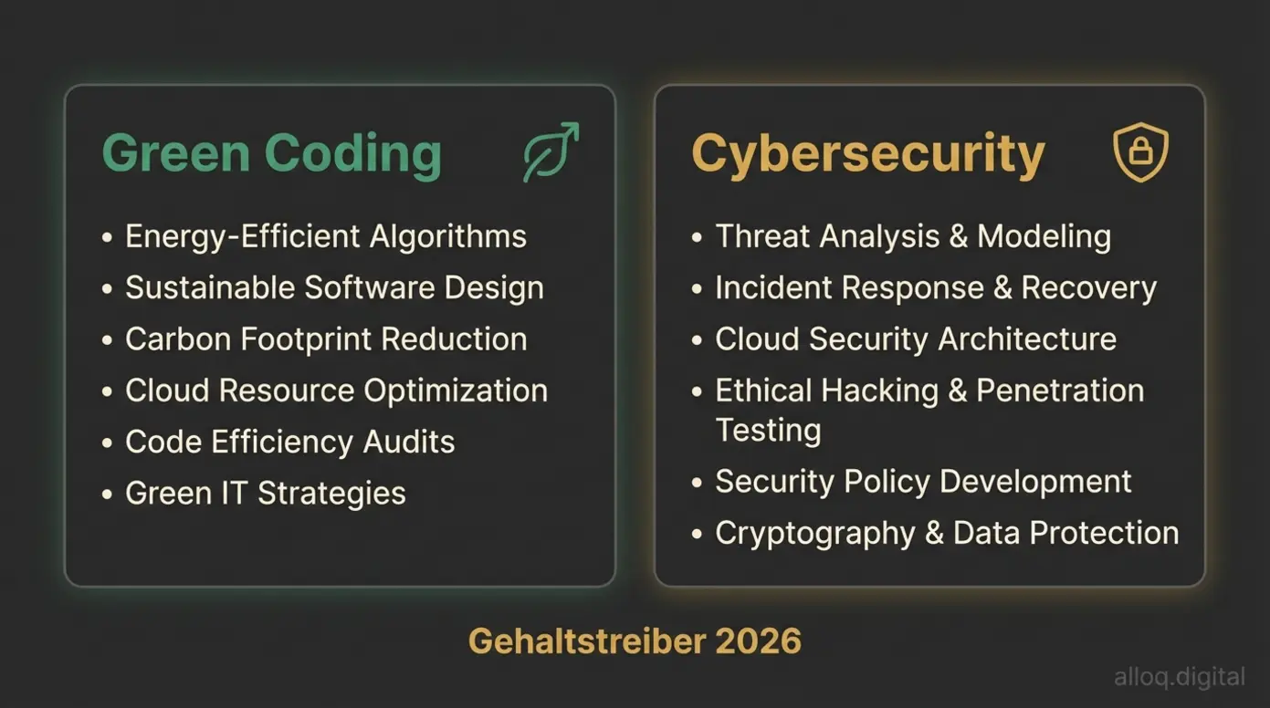 Vergleich der Zukunfts-Spezialisierungen Green Coding und Cybersecurity für Web Developer