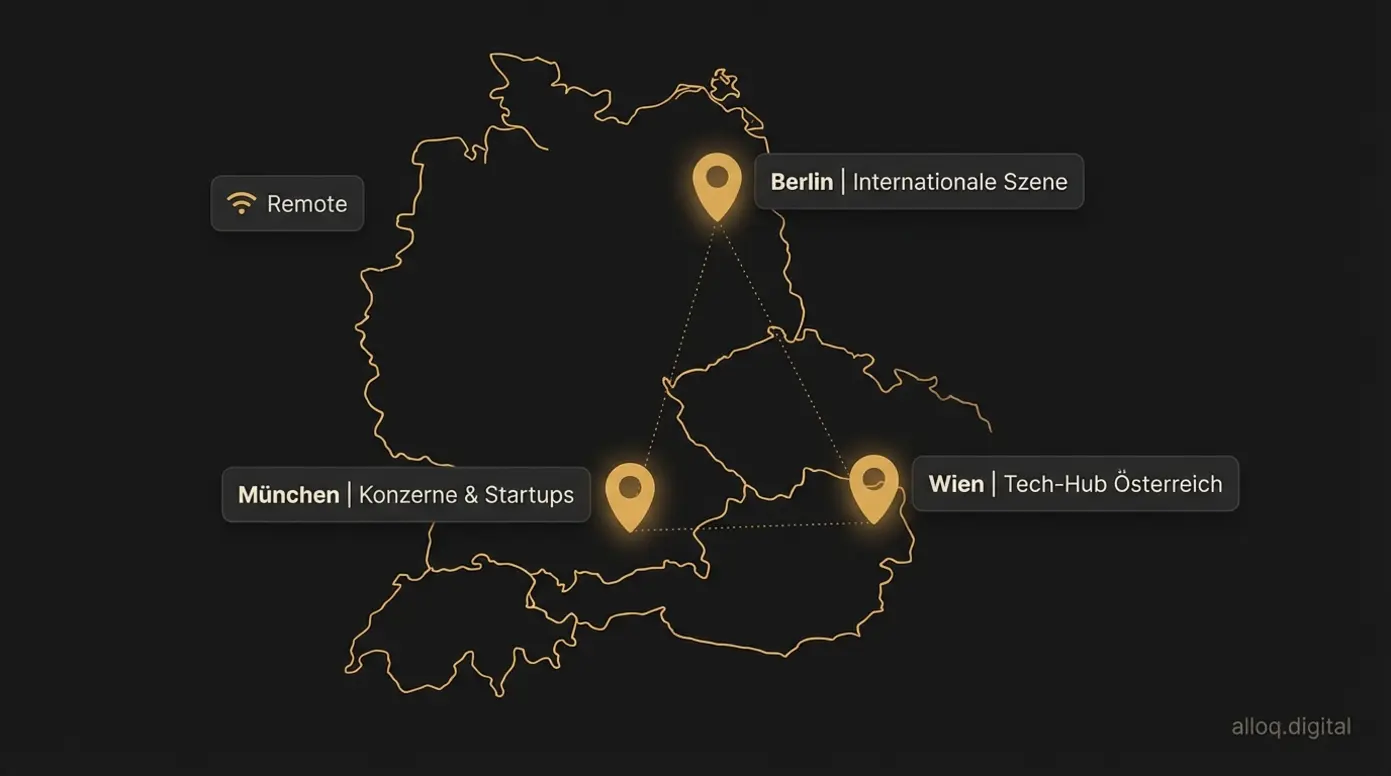 Karte der DACH-Region mit den drei wichtigsten Standorten für Web Developer: München, Wien, Berlin