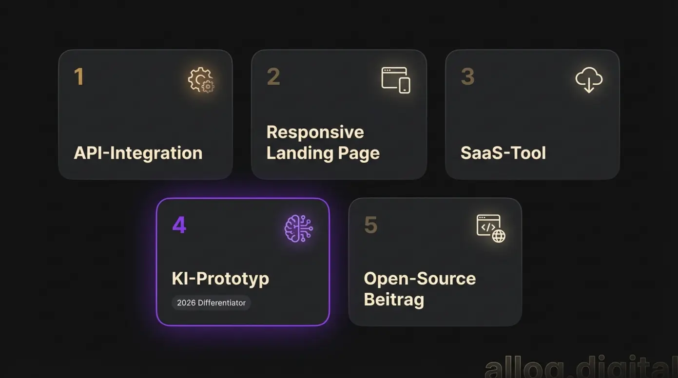 Fünf Portfolio-Projekttypen für Web Developer: API, Landing Page, SaaS, KI-Prototyp, Open Source