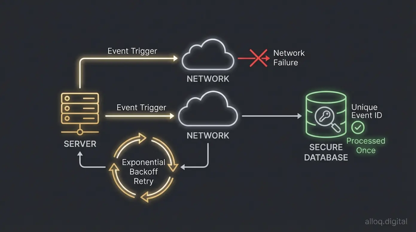 Flowchart illustrating an automated exponential backoff retry mechanism and unique event ID idempotency checks.