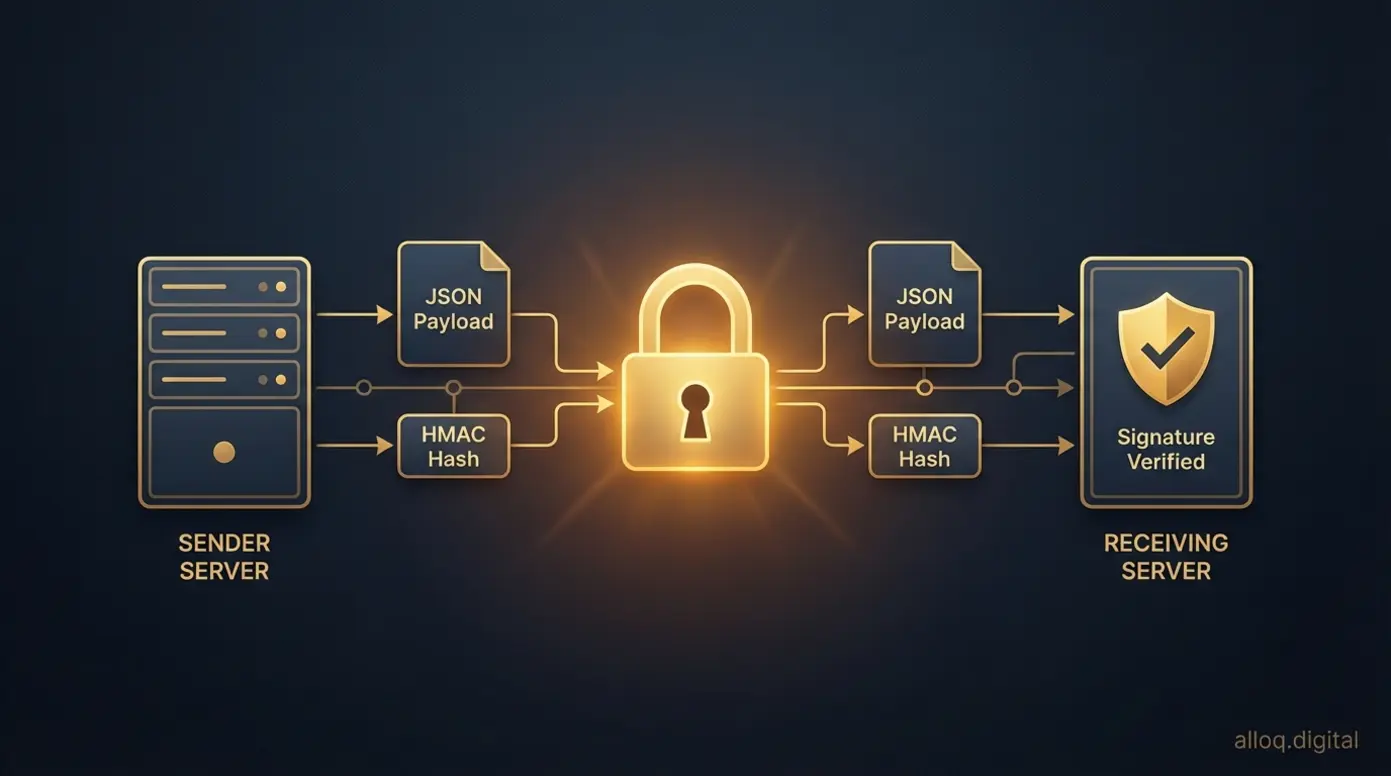 Schematic showing a secure webhook data verification process using an HMAC hash signature.