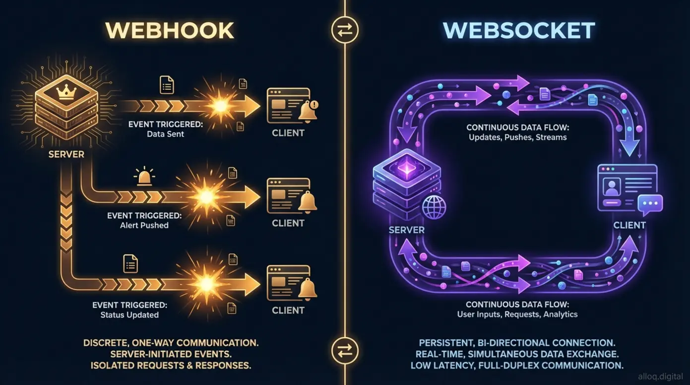 Visual comparison between discrete one-way webhooks and persistent bi-directional WebSocket communication tunnels.