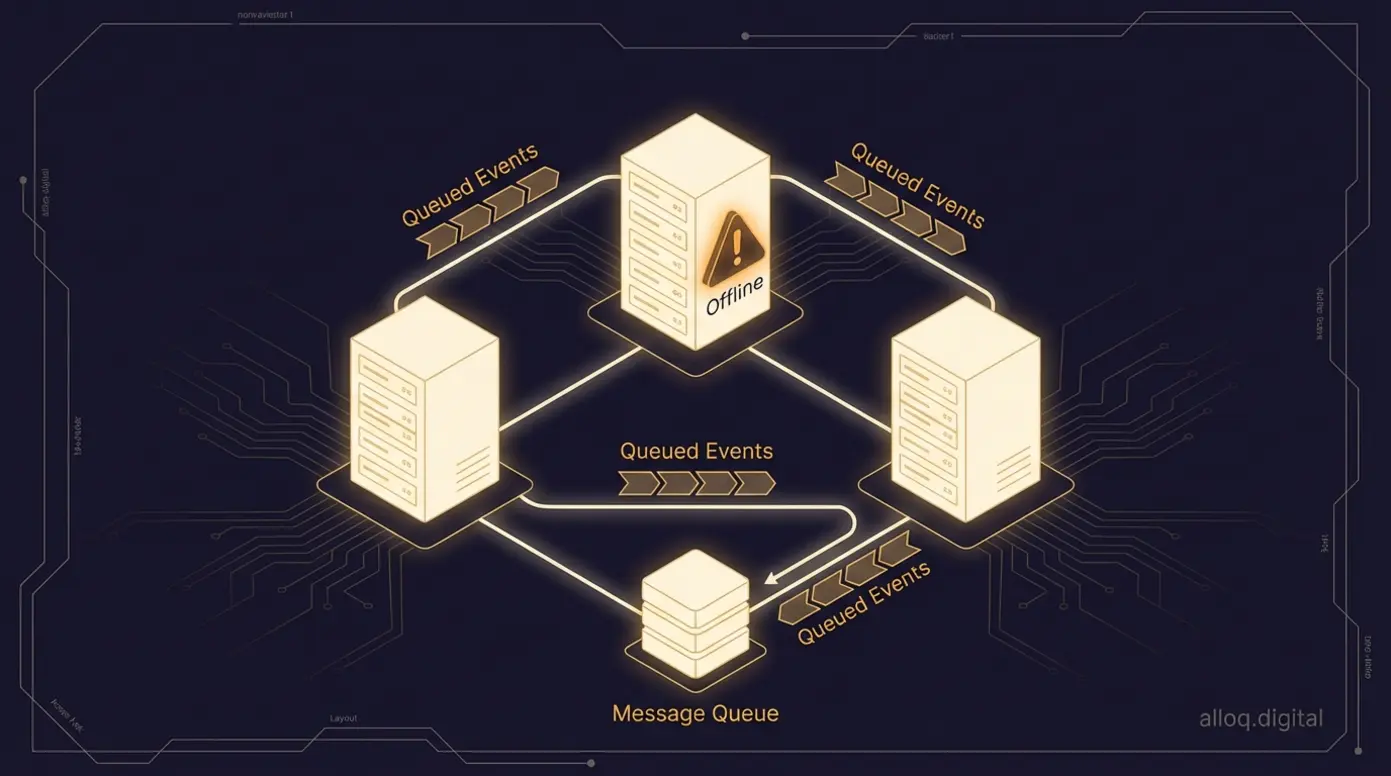Conceptual illustration of a resilient server architecture rerouting queued events to a backup message queue.