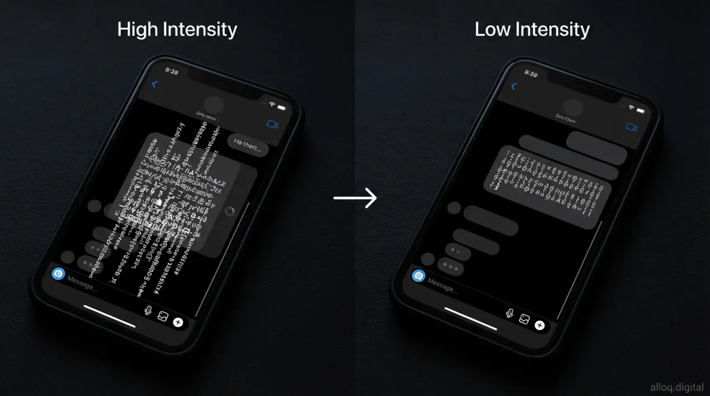 Before and after mobile screens comparing high-intensity Zalgo text overflow versus clean low-intensity rendering