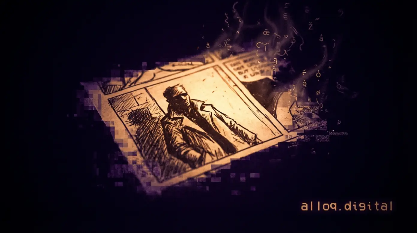Corrupted vintage comic panel dissolving into digital noise, evoking the origins of Zalgo internet folklore
